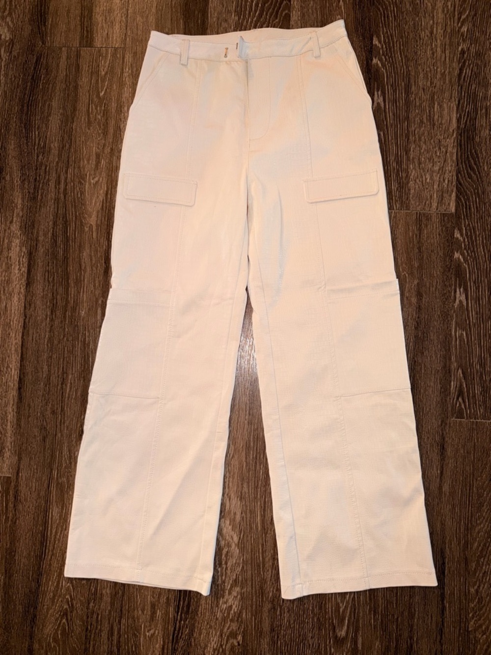 Faux Leather Croc Wide-Leg Cargo Trousers in Off-White